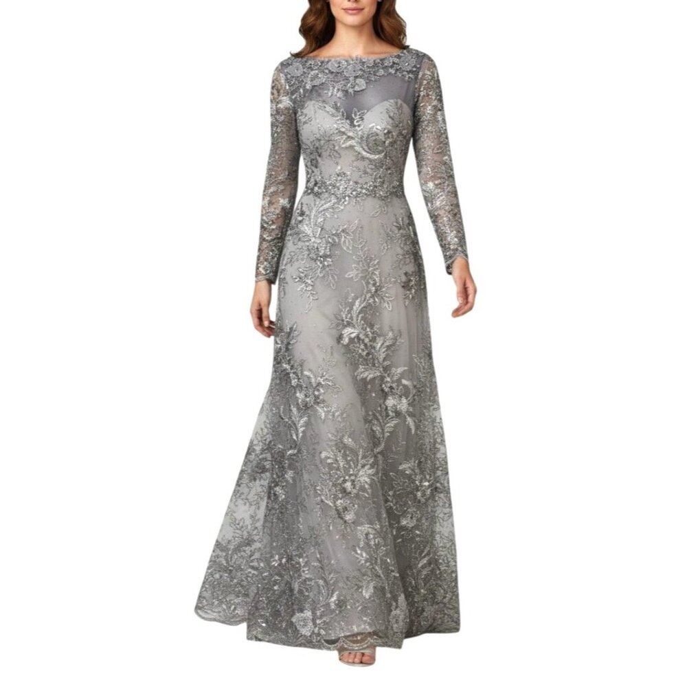 Mac Duggal Illusion Gown Floral Embroidered Silver Gray Maxi Dress